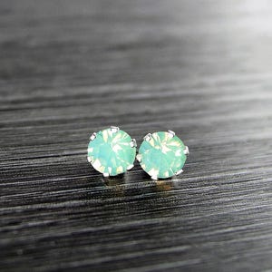 Light Green Opal Stud Earrings • Sterling Silver Posts • RARE Swarovski Pale Mint Crystal Round Studs • October Birthstone Jewelry Gift