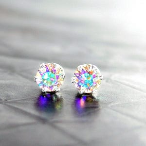Aurora Borealis Swarovski Crystal Stud Earrings • Sterling Silver • Clear AB Rainbow Earrings • April Birthstone Jewelry Gift for Her