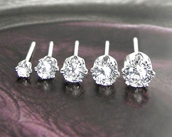 Diamond Clear Cubic Zirconia Ear Stud Earrings, Sterling Silver Sparkly CZ Round Studs, Everyday Minimalist April Birthstone Jewelry