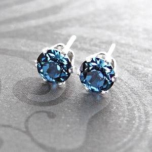 Navy Blue Stud Earrings, Sterling Silver, RARE Swarovski Denim Blue Crystal Ear Studs, 3mm, 4mm, 5mm, 6mm, 7mm Round Studs, Sparkly Jewelry