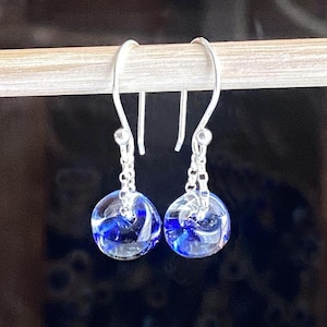 Cobalt Blue Teardrop Dangle Earrings, Sterling Silver, Transparent Blue & Clear Artisan Handmade Glass Drop Earrings, Molten Glass Jewelry