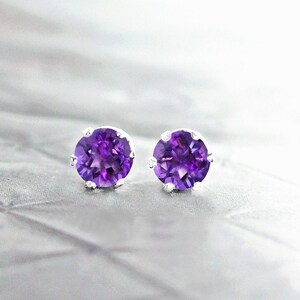 Natural Amethyst Stud Earrings, 925 Sterling Silver, Genuine Deep Purple Amethyst Studs, 4mm or 6mm Round Studs, Gemstone Jewelry