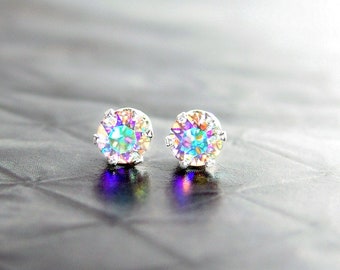 Aurora Borealis Stud Earrings, Sterling Silver, RARE Swarovski Clear AB Crystal, 3mm, 4mm, 5mm, 6mm Round Rainbow Studs