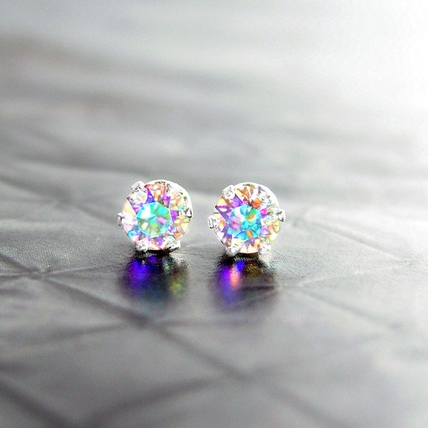 Aurora Borealis Stud Earrings, Sterling Silver, RARE Swarovski Clear AB Crystal, 3mm, 4mm, 5mm, 6mm Round Rainbow Studs