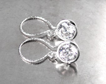 Dainty Diamond Clear Drop earrings, Sterling Silver, Sparkly Cubic Zirconia 4mm or 6mm Round Dangle Earrings, April Birthstone Jewelry