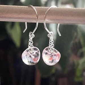 Pink Lily Teardrop Dangle Earrings, Sterling Silver, Transparent Pink & Clear Artisan Handmade Glass Drop Earrings, Molten Glass Jewelry