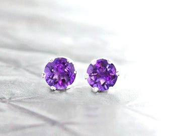 Natural Amethyst Stud Earrings • Sterling Silver Posts • Genuine Deep Purple Gemstone 4mm or 6mm • February Birthstone Jewelry Gift