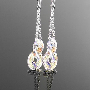 Infinity Earrings, Sterling Silver, RARE Aurora Borealis Swarovski Clear Crystal AB Dangle Drop Earrings, Northern Lights Prism Jewelry