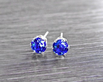 Dark Sapphire Blue Stud Earrings, Sterling Silver, Swarovski Crystal Ear Studs, 3mm, 4mm, 5mm, 6mm Studs, September Birthstone Jewelry