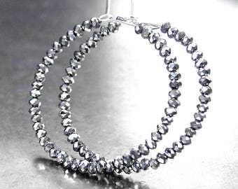 Sparkly Antique Silver Crystal Hoop Earrings, Metallic Gray Round Beaded Hoops, Dainty Small or Extra Large Hoops, Minimalist Jewelry