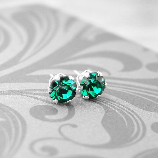 Dark Emerald Green Stud Earrings, Sterling Silver, RARE Swarovski Crystal, 3mm, 4mm, 5mm, 6mm, 7mm Round Ear Studs, May Birthstone Jewelry