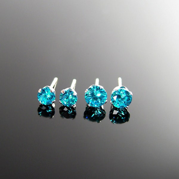 Sparky Teal Blue Topaz CZ Stud Earrings, Sterling Silver, Small Round Cubic Zirconia Ear Studs, December Birthstone Jewelry, 4mm or 5mm