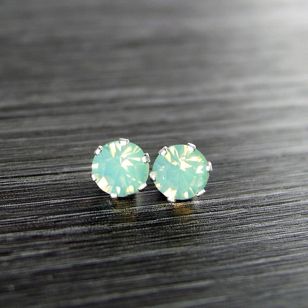 Mint Green Opal Stud Earrings, Sterling Silver, RARE Swarovski Crystal Pale Green 4.5mm, 6mm Round Ear Studs, October Birthstone Jewelry