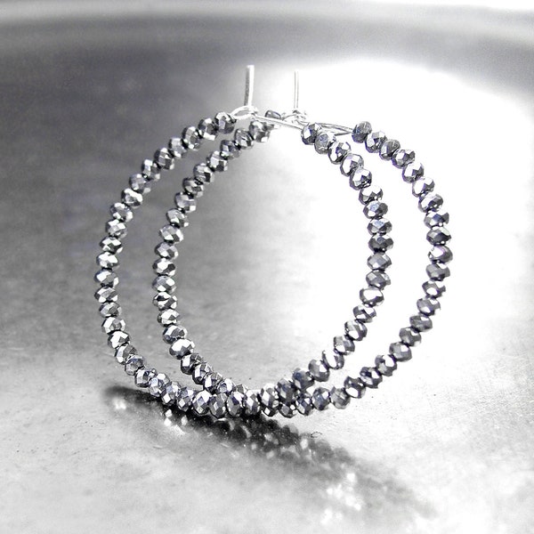 Sparkly Antique Silver Crystal Hoop Earrings, Thin Metallic Grey Round Beaded Hoops, Dainty Small or Extra Large Hoops, Minimalist Jewelry