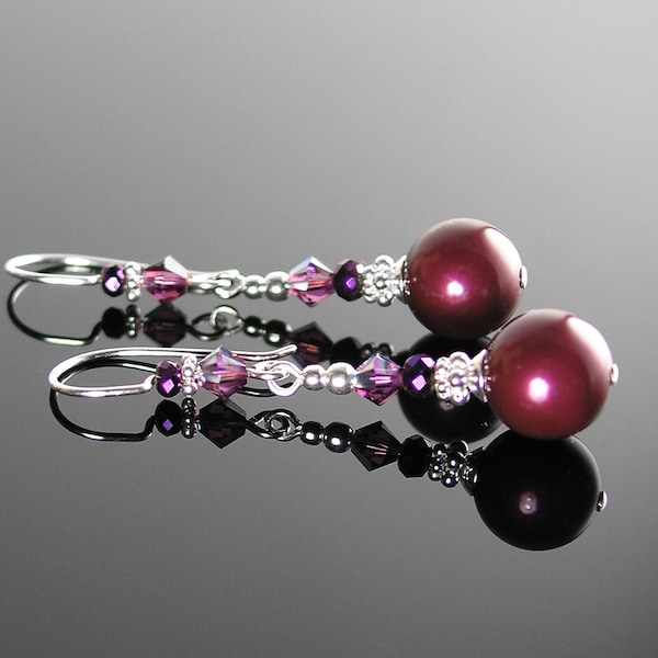 Eggplant Purple Pearl Drop Earrings, Sterling Silver, RARE Swarovski Crystal Pearl, Blackberry Plum and Amethyst Dangle Earrings