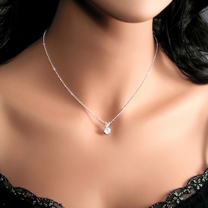 Brilliant Diamond Cut AAA Grade Cubic Zirconia Solitaire Necklace, Sparkly Sterling Silver Chain, Clear White CZ Pendant, April Birthstone