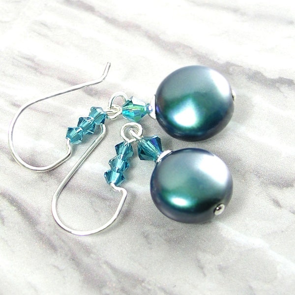 Teal Crystal Pearl Drop Earrings, Sterling Silver, RARE Iridescent Swarovski Crystal Coin Pearl Dangle Earrings
