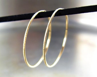 Textured Thin Gold Hoop Earrings, 14K Yellow Gold Filled 1.25mm Round Endless Hoops, 30mm, 40mm Dainty Simple Minimalist Jewelry