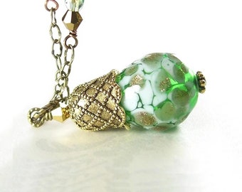 Green Hand Blown Glass Pendant Necklace, Green Hollow Artisan Handmade Glass Lampwork Charm, Vintage Style Antique Gold Jewelry,