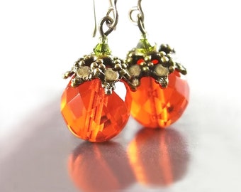 Pumpkin Orange Czech Glass Drop Earrings, 14K Gold Fill Hook, Bohemian Glass Tangerine Bead Dangle, Vintage Style Autumn Fashion Jewelry