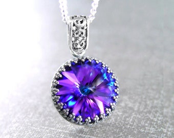 Collar de cristal púrpura de amatista, plata de ley, cristal violeta de iris Swarovski RARO, colgante de ciruela púrpura azul oscuro, piedra de nacimiento de febrero