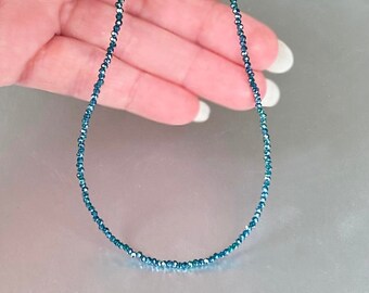 Tiny Capri Blue Crystal Beaded Choker Necklace, Sterling Silver, Dainty Simple Sparkly Minimalist Jewelry