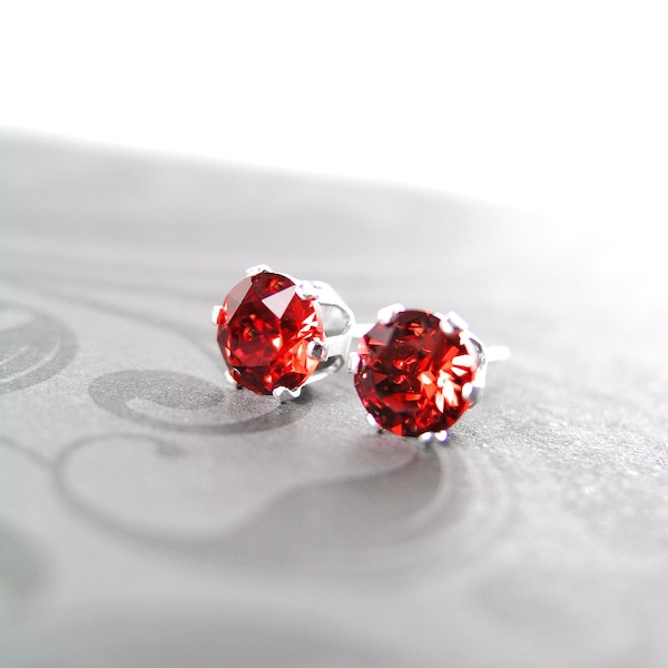 Scarlet Red Stud Earrings, Sterling Silver, RARE Swarovski Crystal Ear Post Earrings, 3mm, 4mm, 5mm, 6mm Round Studs, Minimalist Jewelry
