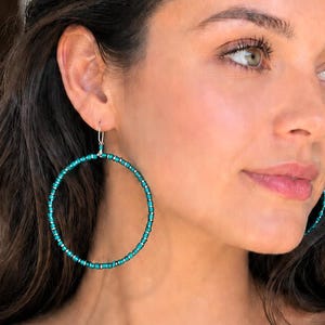 Teal Beaded Hoop Earrings, .925 Sterling Silver Hooks, Stainless Steel, Etched Matte Metallic Bohemian Glass Bead Round Big Boho Hoops