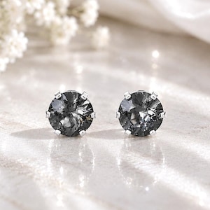 Dark Gray Stud Earrings • Sterling Silver • RARE Charcoal Gray Swarovski Crystal • 3–7mm Round Studs • Sparkly Jewelry Gift for Her