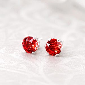 Bright Ruby Red Stud Earrings, Sterling Silver, RARE Swarovski Crystal Ear Post Earrings, 3mm-7mm Round Studs, July Birthstone Gift for Her