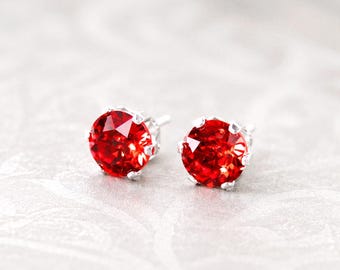 Bright Ruby Red Stud Earrings, Sterling Silver, RARE Swarovski Crystal Ear Post Earrings, 3mm-7mm Round Studs, July Birthstone Gift for Her