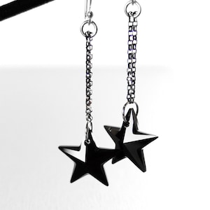 Black Crystal Star Earrings, Sterling Silver, RARE Swarovski Jet Black Star Dangle Drop Earrings, Galaxy Celestial Jewelry
