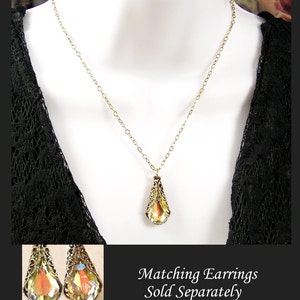 Clear Aurora Borealis Teardrop Necklace, RARE Swarovski Crystal Pendant, Antique Gold Chain & Filigree, Vintage Style Victorian Jewelry image 5