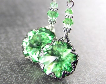 Swarovski Peridot Green Crystal Earrings, Sterling Silver Dangle Drop Earrings, August Birthstone Jewelry