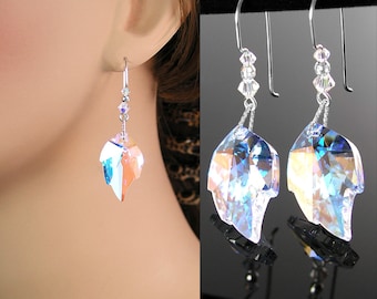 Clear AB Crystal Leaf Drop Earrings, Sterling Silver, RARE Swarovski Aurora Borealis Crystal Leaf Dangle Charm, Autumn Botanical Jewelry