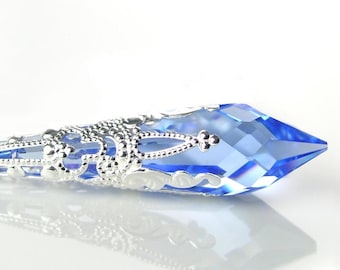 Vintage Swarovski Sapphire Blue Crystal Necklace, Sterling Silver, RARE Pendant Prism, September Birthstone, Victorian Jewelry Gift For Her
