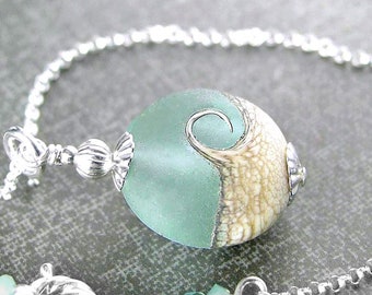 Seafoam Ocean Wave Necklace, Sterling Silver, Artisan Handmade Sea Glass Pendant, Sea Blue Beach Necklace, Lampwork Nautical Jewelry