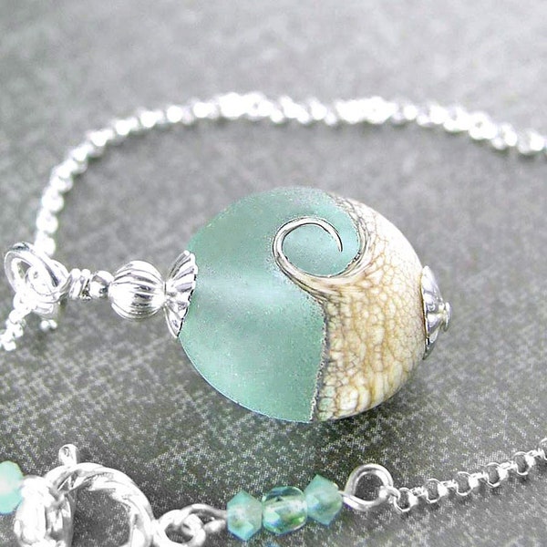 Seafoam Ocean Wave Necklace, Sterling Silver, Artisan Handmade Sea Glass Pendant, Sea Blue Beach Necklace, Lampwork Nautical Jewelry