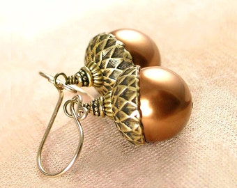 Pearl Acorn Drop Earrings, RARE Swarovski Copper Brown Crystal Pearls, Antique Gold Dangle Earrings, Fall Autumn Fashion Jewelry
