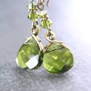 Olive Green Swarovski Crystal Teardrop Dangle Earrings, RARE Crystal Drop, Antique Gold, 14k Gold Fill French Hook Earrings