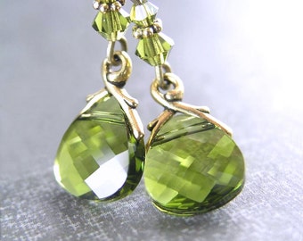 Olive Green Swarovski Crystal Teardrop Dangle Earrings, RARE Crystal Drop, Antique Gold, 14k Gold Fill French Hook Earrings