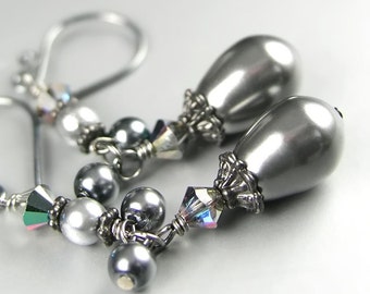 Dark Grey Crystal Pearl Teardrop Earrings, Rare Swarovski Crystal Pearl Drop, Dainty Antique Gunmetal Silver Dangle Earrings