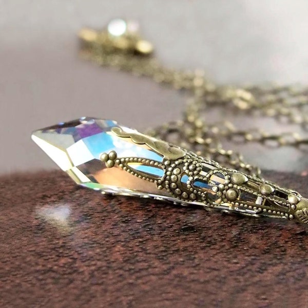 Aurora Borealis Crystal Pendant Necklace, RARE Swarovski AB Crystal Prism, Antique Gold Brass, Vintage Victorian, April Birthstone Jewelry