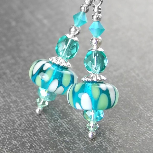 Sea Green Blue Earrings, Sterling Silver, Seafoam Aquamarine Earrings, Teal Blue Dangle Earrings, Sea Blue Artisan Lampwork Earrings