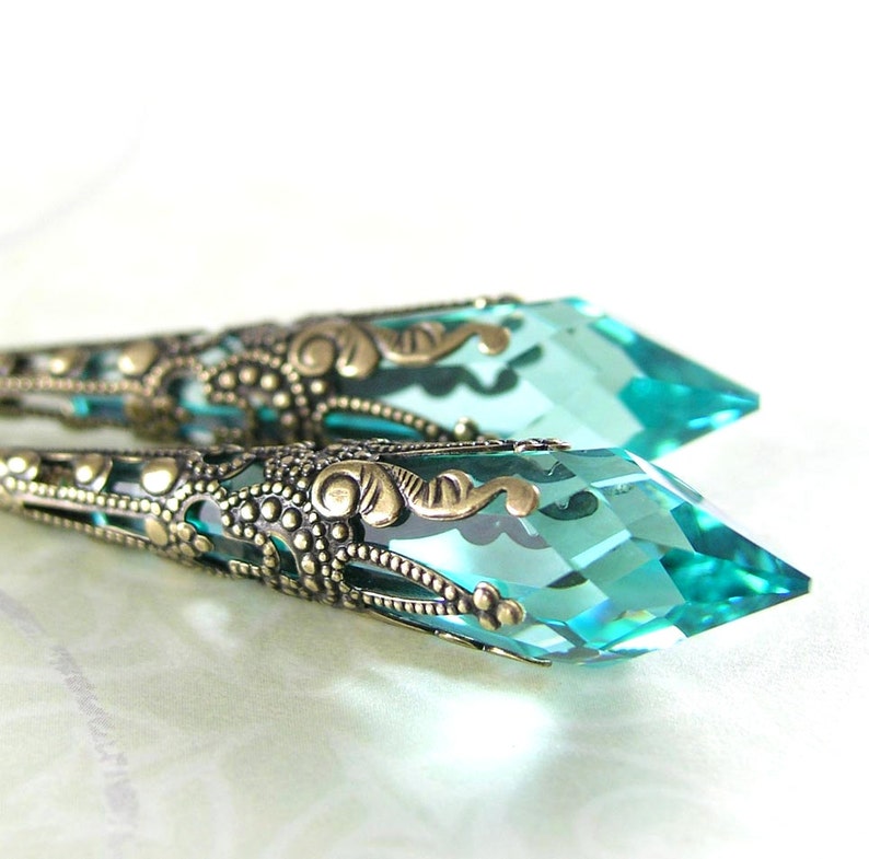 Aquamarine Turquoise Drop Earrings, RARE Swarovski Green Seafoam Crystal, Vintage Antique Gold Long Dangle, March December Birthstone image 1