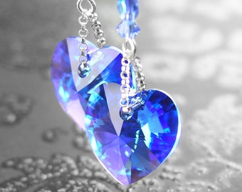 Sapphire Blue Swarovski Crystal Heart Drop Earrings, Sterling Silver, RARE Blue Aurora Crystal Charm, September Birthstone Jewelry