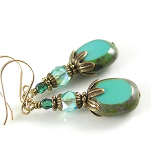 Turquoise Blue Bohemian Glass Earrings, Vintage Style Blue Bead Dangle Drop Earrings, Antique Gold Artisan Handmade Glass Jewelry image 1