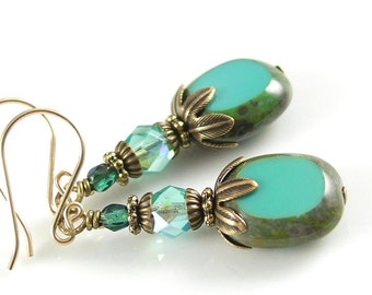 Turquoise Blue Bohemian Glass Earrings, Vintage Style Blue Bead Dangle Drop Earrings, Antique Gold  Artisan Handmade Glass Jewelry