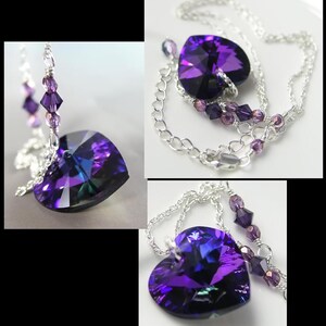 Purple Swarovski Crystal Heart Pendant Necklace, Sterling Silver, RARE Dark Iris Amethyst Charm, February Birthstone Valentines Day Jewelry image 3