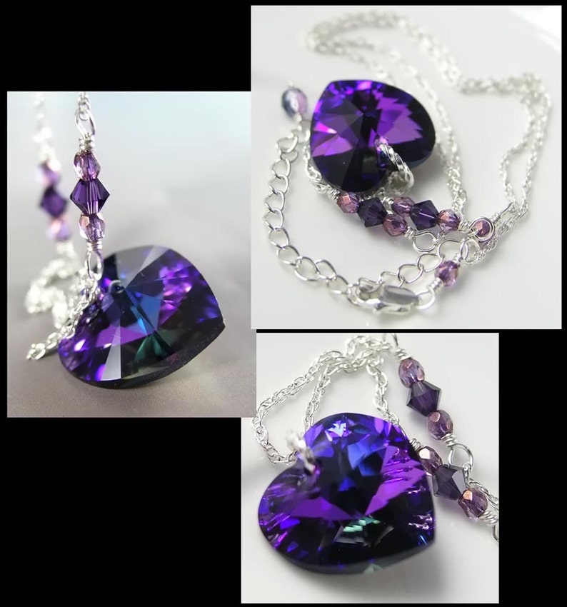 Purple Swarovski Crystal Heart Pendant Necklace, Sterling Silver, RARE Dark Iris Amethyst Charm, February Birthstone Valentines Day Jewelry image 3